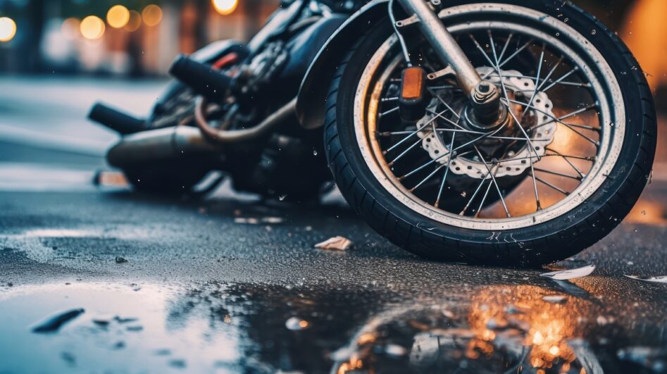 wrecked motorcycle on the roadway.bicycle wheel after an accident on the road